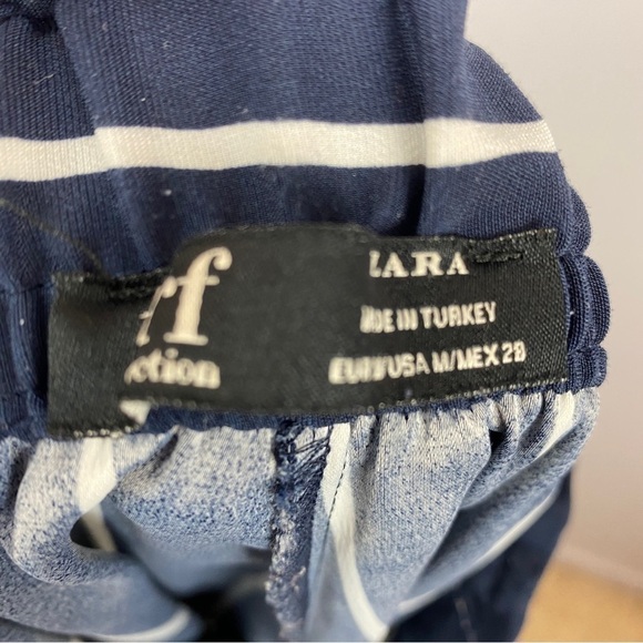 Zara TRF Striped Straight Leg Crop Trousers Drawstring Waist Medium Navy - Picture 8 of 12